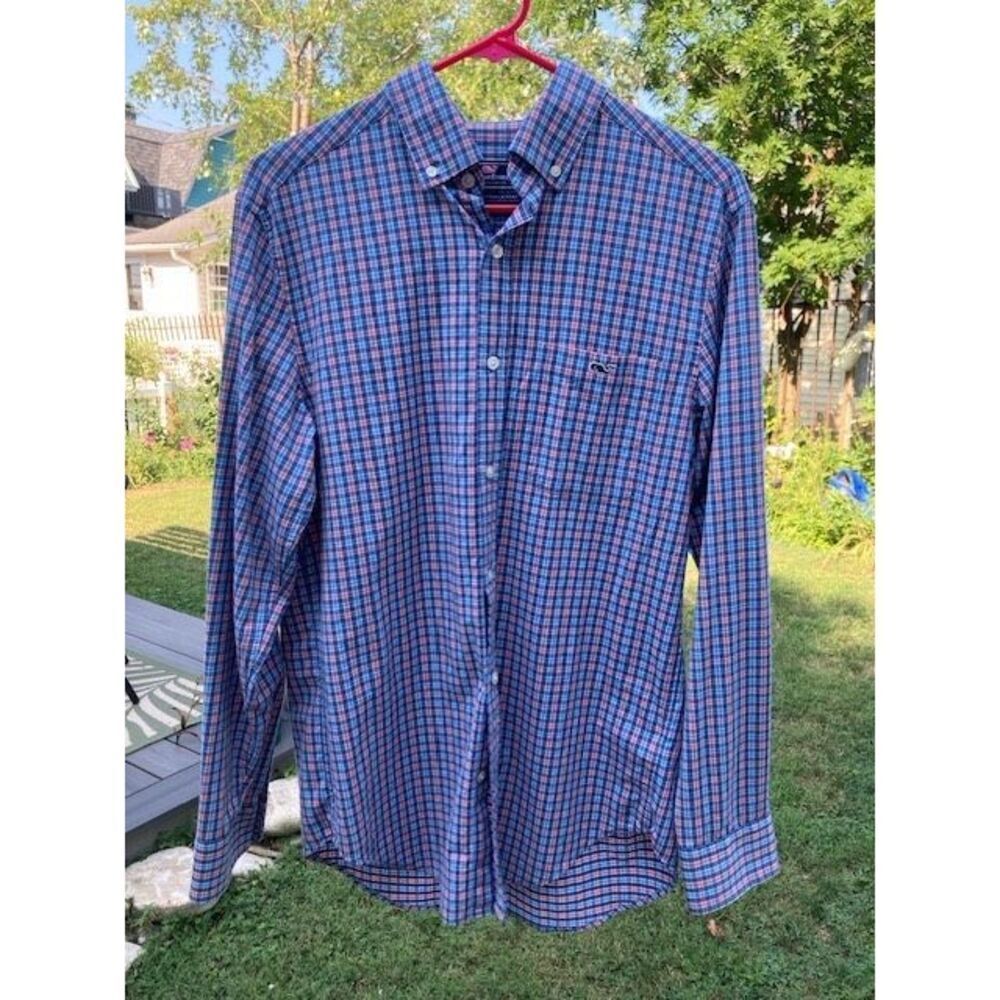 Vineyard Vines Men’s Button Down Tucker Shirt Blue Pink Checkered Size S